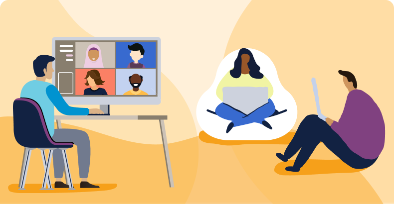 Graphic of adults attending virtual meetings on a gold background