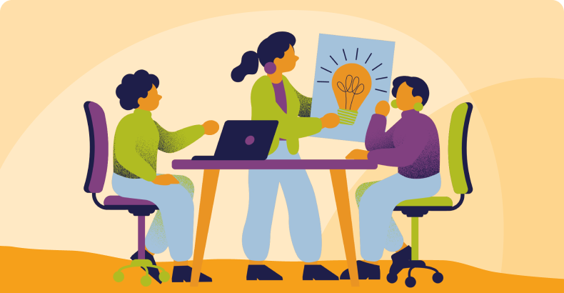 Graphic of three teachers engaged in idea sharing on a gold background