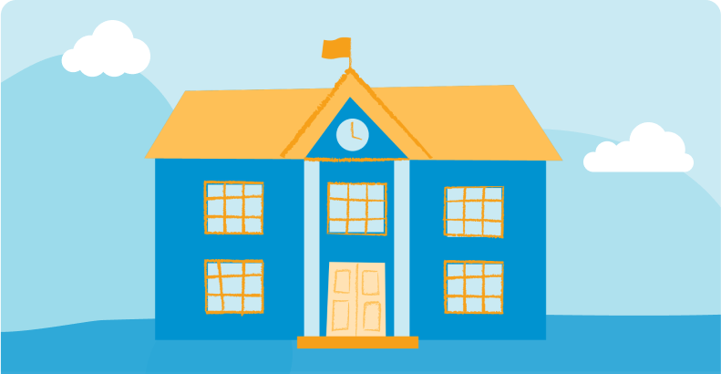 Graphic of a handsome school building on a blue background