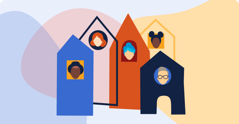Graphic of people in houses together in community
